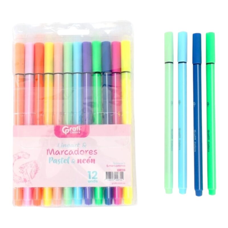 Marcadores Lineart Grafi Colors Pastel Y Neon  X12 Pcs GR-116