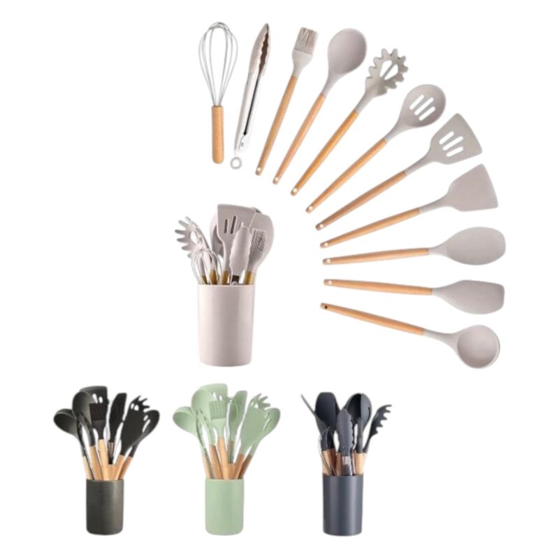 Kit Cucharones De Silicona Mango Bambú Con Base X11 Pcs DK-2386-1