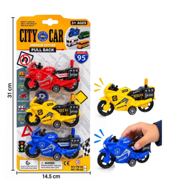 🔥 Set de Motos de Policía de Juguete con Sistema Pull Back City Car (3 Pcs) (EN02079 / YM-88) ⚡