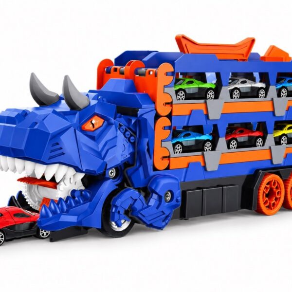 🔥 Camión Dinosaurio Transformable 3 en 1 con Pista Doble de Carreras y 12 Carritos 🦖🏎️⚡